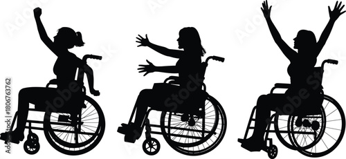 Silhouettes of women in wheelchairs expressing joy, movement, independence, empowerment, celebration, dynamic motion, positive energy, uplifting inclusive action