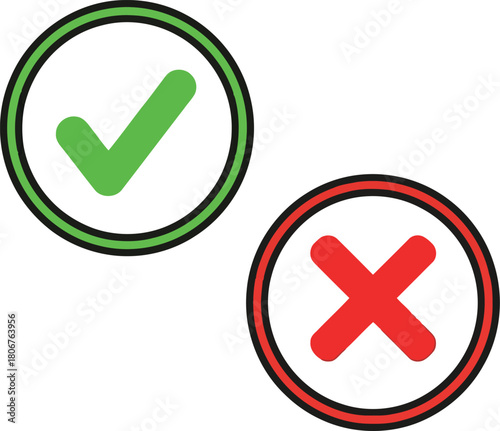 Green checkmark and red cross icons for yes no decision making approval rejection choices approval symbols vector