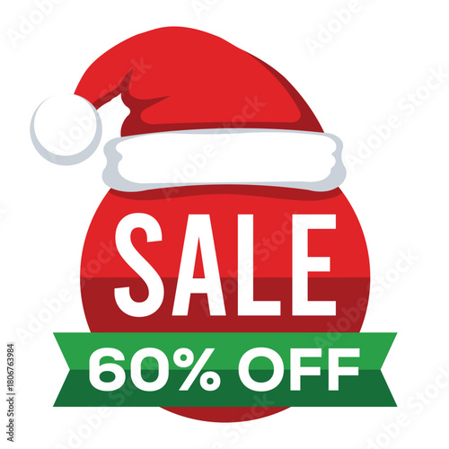 A fun, festive Christmas sale graphic featuring a red Santa hat perched atop a red circle containing the word "SALE." A green banner below aggressively advertises "60% OFF," creating an exaggerated h