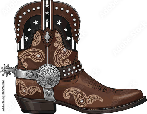 Brown leather cowboy boot featuring paisley embroidery, silver spur and stars pattern, western fashion flat vector illustration isolated on white.