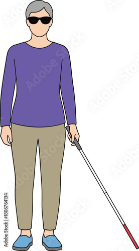 Blind senior woman standing with white cane, wearing dark sunglasses and purple shirt, visually impaired person concept, flat vector illustration.