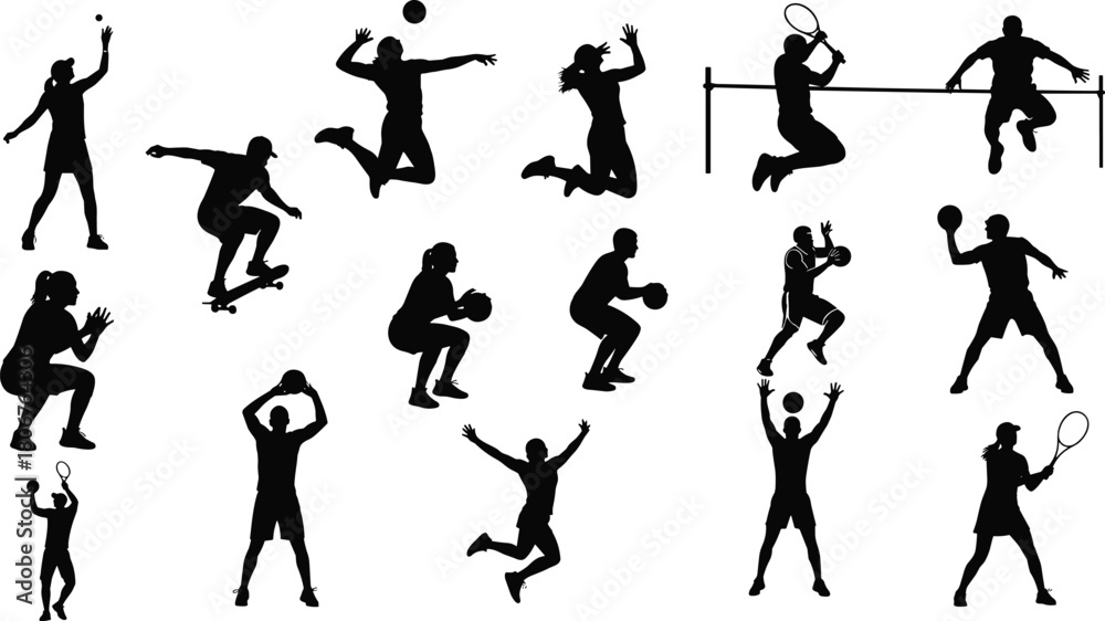 Fototapeta premium Collection of black silhouette sports figures including tennis, basketball, volleyball and skateboarding athletes in action poses, vector illustration set.