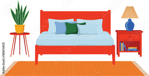 Cozy bedroom interior featuring red wooden bed with blue bedding, nightstand with lamp, potted plant and orange rug flat vector illustration.