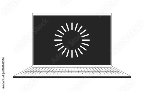 Open laptop with loading screen 2D line object. Slow internet buffering notebook. Tech wait UI loader. Device upgrade throbber isolated clipart vector ink outline item. Monochrome spot illustration