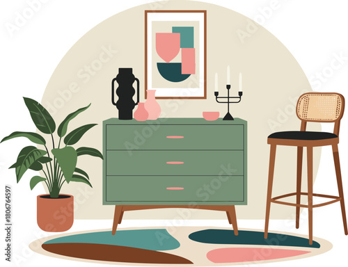 Cozy boho interior scene with green dresser, rattan chair, potted plant and abstract art, colorful flat vector illustration.