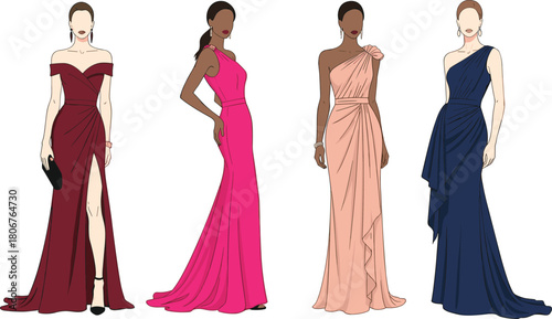 Fashion illustration set of diverse women wearing elegant long evening gowns, formal party dress design, colorful flat vector.