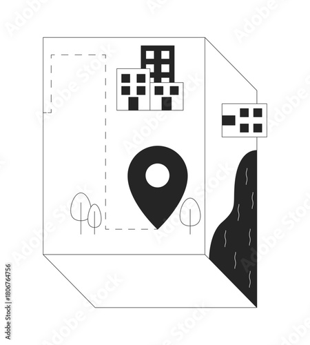 Isometric urban map with location pin 2D line object. Stylized buildings, trees and river on geometric shape. Navigation marker isolated clipart vector ink outline item. Monochrome spot illustration