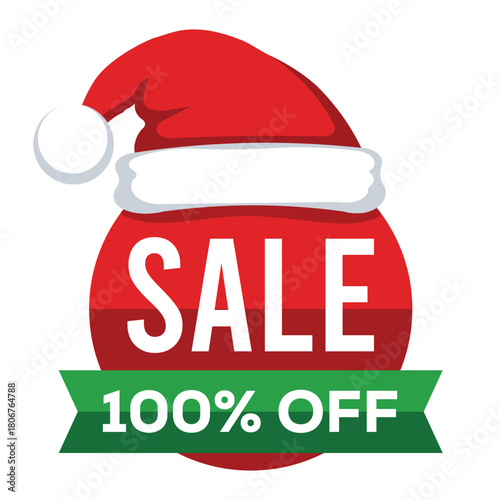 A fun, festive Christmas sale graphic featuring a red Santa hat perched atop a red circle containing the word "SALE." A green banner below aggressively advertises "100% OFF," creating an exaggerated h