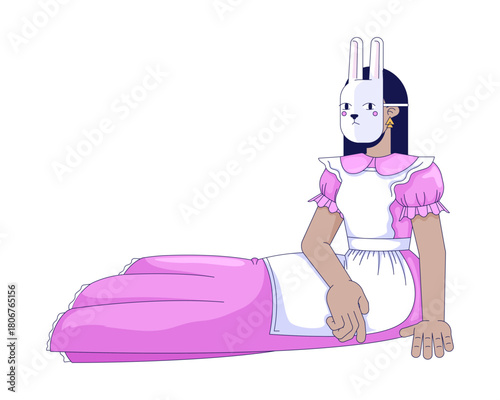Girl in bunny mask sitting in frilly dress with apron 2D cartoon character. Surreal outfit. Fantasy fairytale. Rabbit masked woman flat vector person isolated on white. Spot illustration colorful