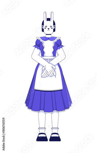 Standing girl in vintage dress with bunny mask 2D cartoon character. Rabbit masked maid young woman in fantasy outfit with frilly apron flat vector person isolated on white. Spot illustration colorful