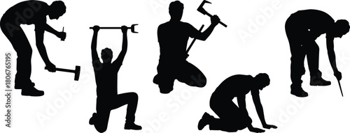 Silhouettes of workers using tools, construction labor poses, manual work actions, handyman illustration, repair tasks, occupational human figures