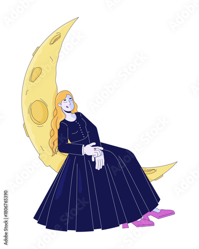 Dreamy Victorian woman leaning on crescent moon 2D cartoon character. Surreal fairytale girl in long dark gown with blonde hair napping flat vector person isolated on white. Spot illustration colorful