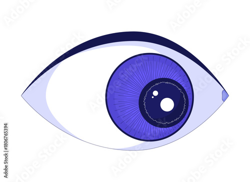 Stylized human eye with blue iris glancing 2D cartoon object. Pupil focus. Eyesight perception. Artistic anatomy. Vision symbol isolated element flat vector clip art on white. Spot illustration