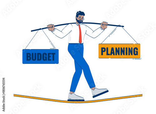 Budget balancing doodle illustration concept. Financial planning. Corporate stability. Black businessman walking on tightrope cartoon 2D character isolated on white. Hand drawn vector metaphor