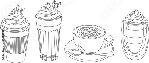 Set of coffee drink outlines including cappuccino, frappe and takeaway cup with whipped cream, black and white line art vector.