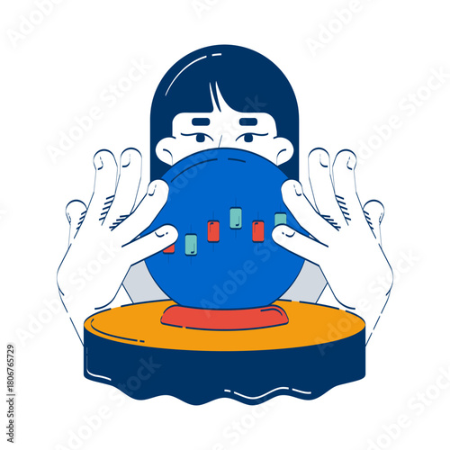 Financial forecasting with crystal ball doodle illustration concept. Stock trading foresight prediction. Fortune teller analysis orb cartoon 2D character isolated on white. Hand drawn vector metaphor