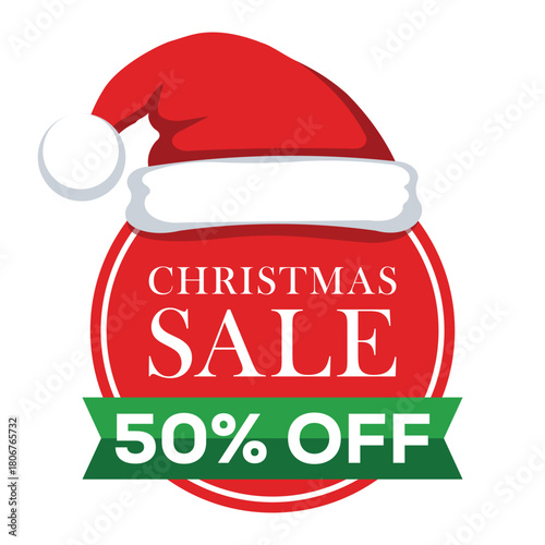 A festive Christmas sale graphic featuring a red Santa hat on a red circle that reads "CHRISTMAS SALE." A green ribbon banner below advertises a 50% OFF discount, ideal for retail and holiday promotio