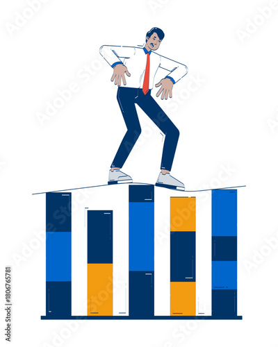 Shaky financial situation doodle illustration concept. Worried indian businessman struggling to balance atop unstable bar chart cartoon 2D character isolated on white. Hand drawn vector metaphor