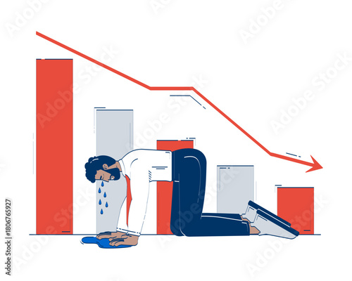 Unexpected financial loss doodle illustration concept. Sales decrease. Market downturn. Crying businessman beside declining bar graph cartoon 2D character isolated on white. Hand drawn vector metaphor