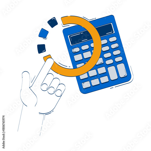 Calculating financial forecast doodle illustration concept. Budget estimate. Hand pointing toward calculator and segmented graph cartoon 2D composition isolated on white. Hand drawn vector metaphor