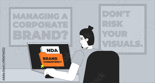Corporate visual identity management 2D illustration concept. Branding design protection. Brand consistency and NDA folder cartoon conceptual abstract vector art. Flat metaphor on color background