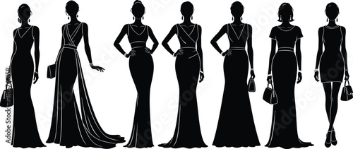 Set of fashion models silhouettes wearing elegant evening gowns and long dresses holding bags, black vector illustration isolated on white.