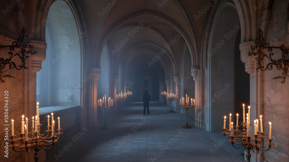 Fototapeta premium Mysterious figure in dark, candlelit monastic cloister at dusk