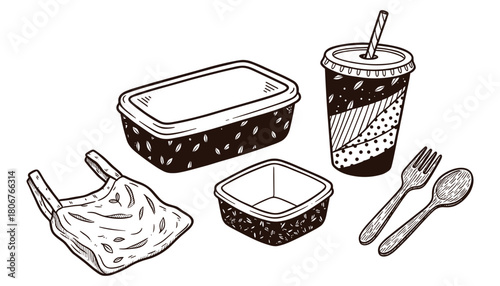 Eco Friendly Takeaway Set Doodle Style Vector Illustration, Lunch Boxes, Coffee Cup & Cutlery Illustration, Sketch doodle style ink illustration