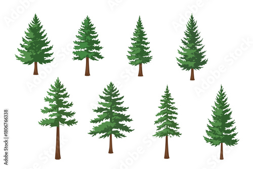 Vector Bundle of Evergreen Pine Trees, Conifer Forest Clipart for Nature Landscape, Winter Holiday Decor, Outdoor Scenery, Editable Design Elements for Graphic and Print Use