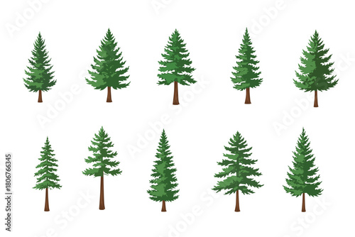 Bundle of Evergreen Pine Trees. Vector Conifer Forest Elements for Winter Holiday Decor, Nature Landscape Illustration, Outdoor Scenery, Editable PNG EPS Graphic Asset for Designers.