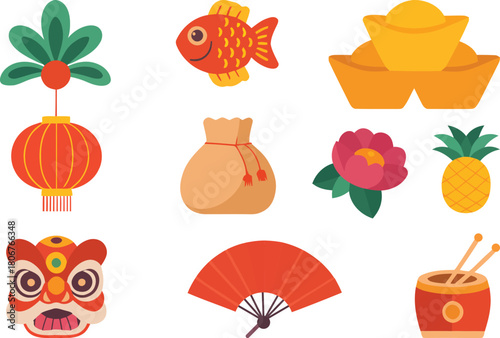Chinese Lunar New Year Elements Vector Set | Gold Ingot, Fish, Lion Dance and Lantern Icons