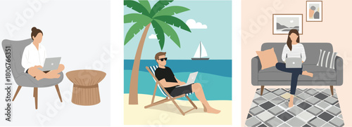 Set of people working remotely on laptops from home office, sofa and tropical beach, digital nomad lifestyle vector illustration.