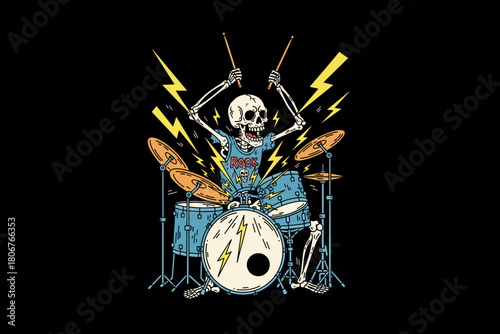 Skeleton drummer playing a drum kit with lightning bolts.