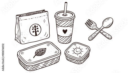 Eco Friendly Takeaway Set Doodle Style Vector Illustration, Lunch Boxes, Coffee Cup & Cutlery Illustration, Sketch doodle style ink illustration