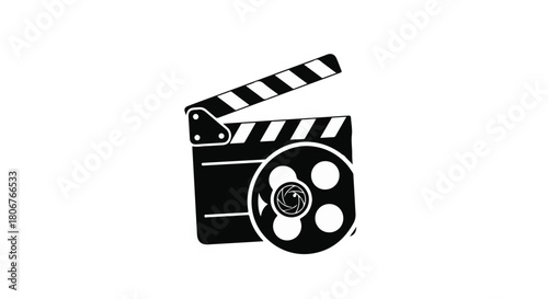 Classic film clapperboard and reel symbolizing movie production and filmmaking