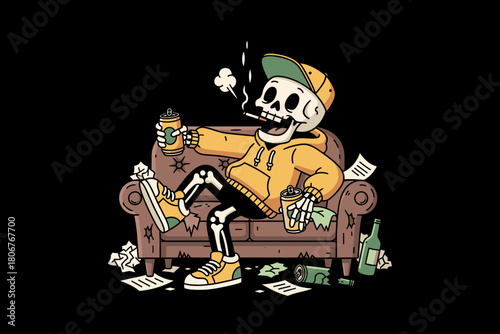 Skeleton chilling on couch smoking and drinking.