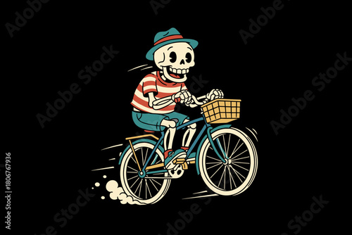 Skeleton riding a bicycle with a basket on the front.