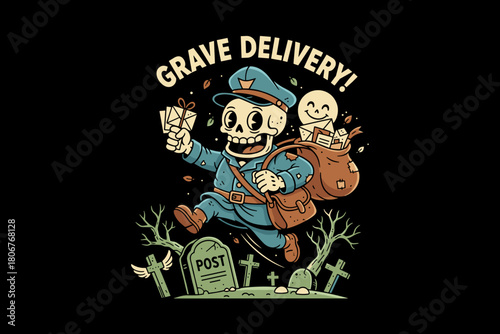 Skeleton mailman delivering letters with a ghost companion in a