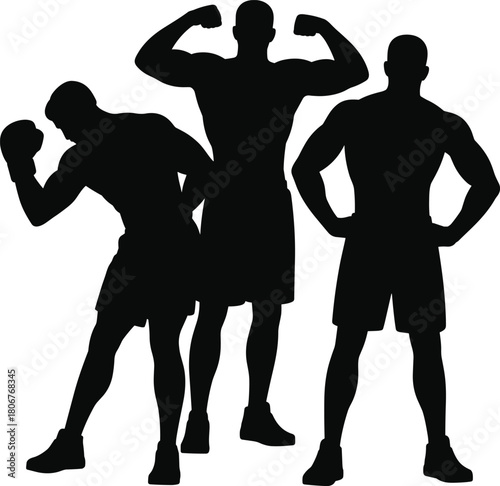 Strong athletic men flexing muscles in silhouette, bodybuilding poses, fitness strength concept, powerful male body shape illustration background