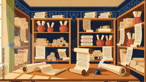 Ancient library filled with scrolls and clay pots sits quietly, representing knowledge and history in a warm, inviting atmosphere.