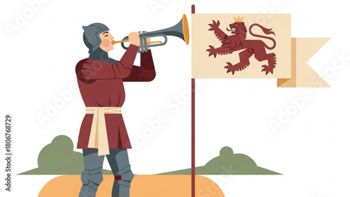 Medieval herald blowing trumpet near flag bearing lion emblem announces royal arrival with fanfare and ceremonial atmosphere.