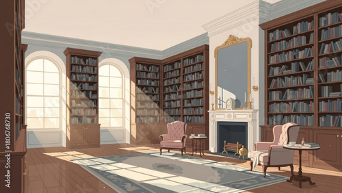 Sunlight streams into a grand library with floortoceiling bookshelves, creating a warm and inviting atmosphere for reading and contemplation.