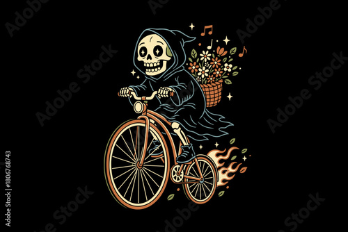 Grim Reaper Skeleton Riding Bicycle with Flowers.