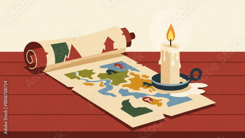Antique map illuminated by candlelight rests on a wooden table, evoking a sense of adventure and historical exploration in a dimly lit room.