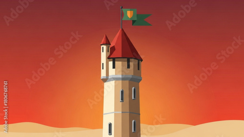 Tower stands tall against the vibrant sunset sky in a desert landscape, symbolizing strength and resilience with a hint of medieval fantasy.