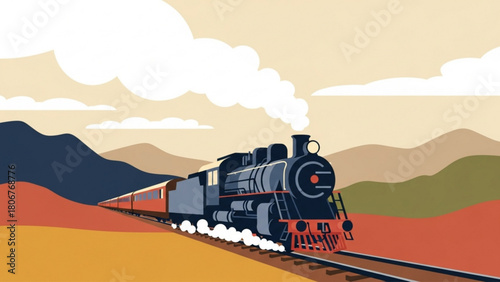 Steam train travels across arid landscape with mountains in distance, showcasing vintage mode of transportation and adventurous spirit.