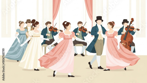 Elegant group of people dancing during a ball in a grand ballroom with musicians playing classical music, creating a romantic and historical atmosphere.