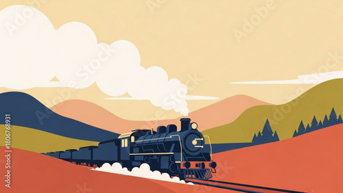 Vintage steam train travels through scenic landscape with rolling hills and fluffy clouds creating a nostalgic and peaceful atmosphere.