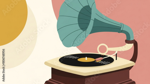 Vintage gramophone playing a vinyl record in a warmly lit room, evoking nostalgia and the timeless beauty of analog music, creating a cozy atmosphere.