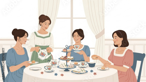 Elegant women enjoy afternoon tea at a round table in a sunlit room, sharing conversation and pastries in a scene of refined leisure and friendship.